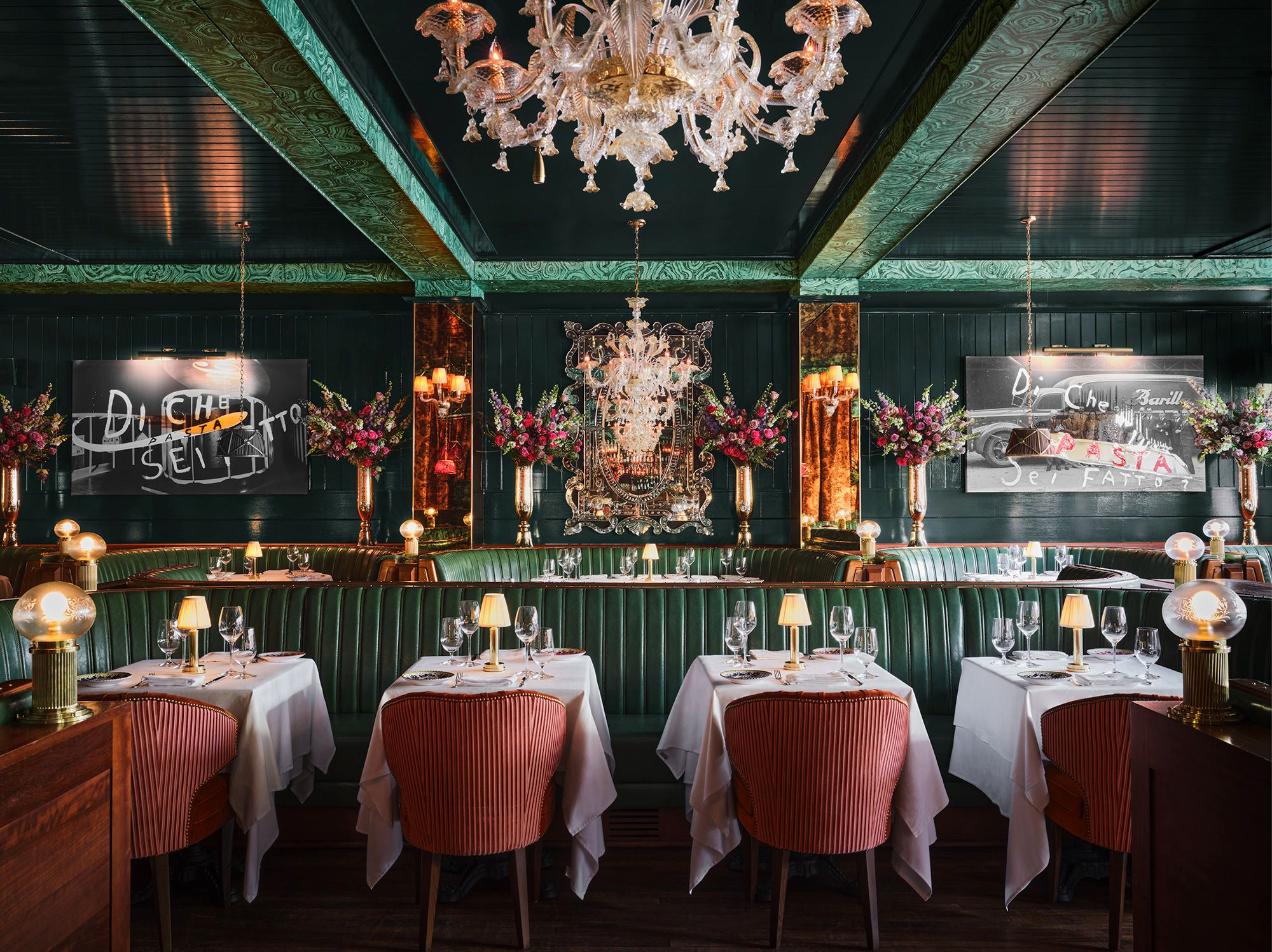 Antique mirrored columns framing the Carbone dining room